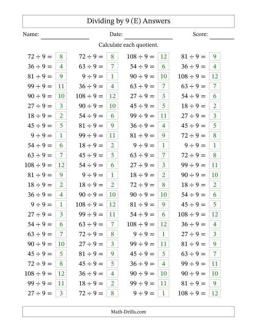 The Horizontally Arranged Dividing by 9 with Quotients 1 to 12 (100 Questions) (E) Math Worksheet Page 2