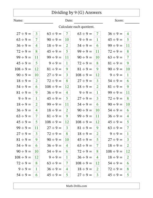 The Horizontally Arranged Dividing by 9 with Quotients 1 to 12 (100 Questions) (G) Math Worksheet Page 2