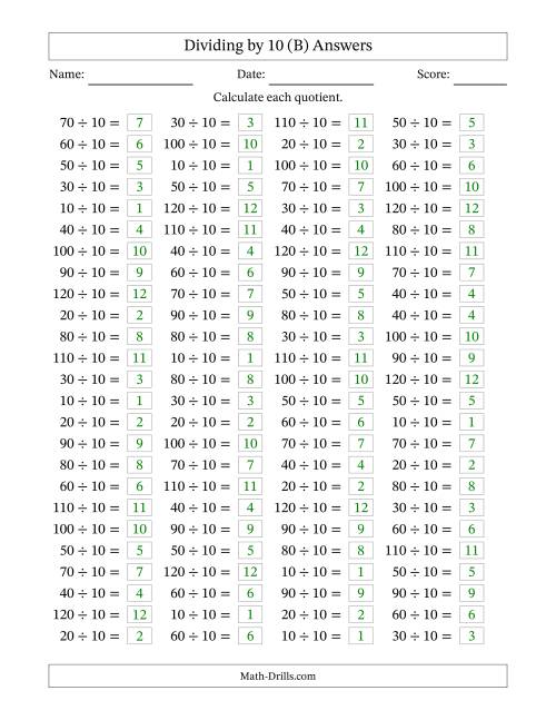 The Horizontally Arranged Dividing by 10 with Quotients 1 to 12 (100 Questions) (B) Math Worksheet Page 2