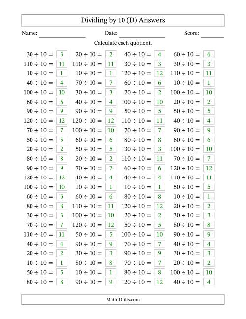 The Horizontally Arranged Dividing by 10 with Quotients 1 to 12 (100 Questions) (D) Math Worksheet Page 2