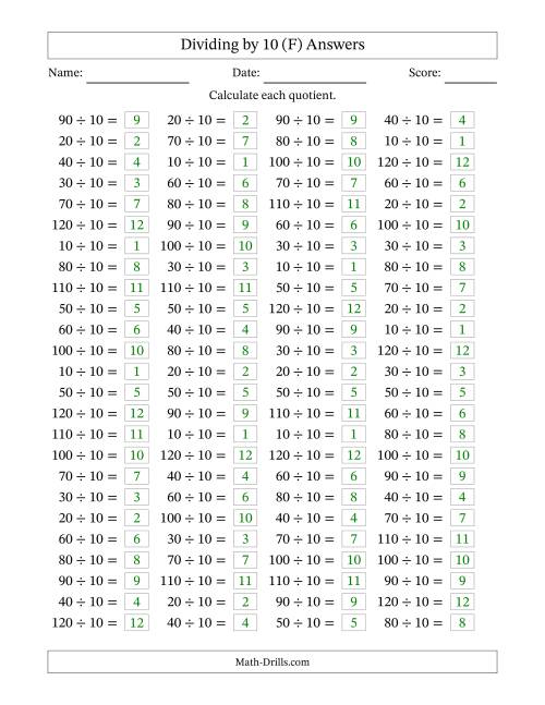 The Horizontally Arranged Dividing by 10 with Quotients 1 to 12 (100 Questions) (F) Math Worksheet Page 2