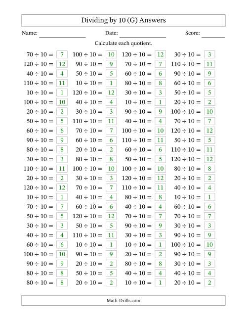 The Horizontally Arranged Dividing by 10 with Quotients 1 to 12 (100 Questions) (G) Math Worksheet Page 2