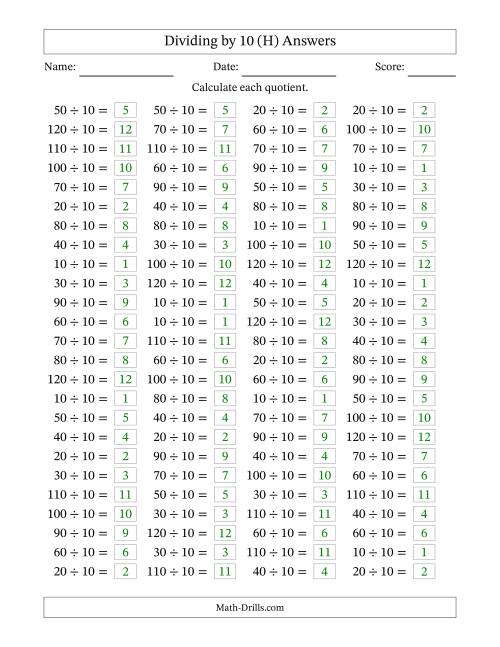 The Horizontally Arranged Dividing by 10 with Quotients 1 to 12 (100 Questions) (H) Math Worksheet Page 2