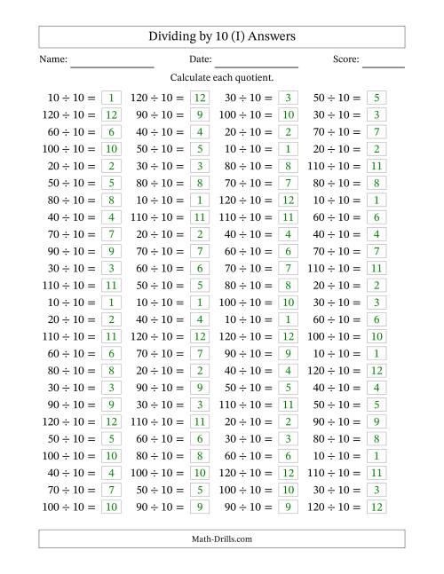 The Horizontally Arranged Dividing by 10 with Quotients 1 to 12 (100 Questions) (I) Math Worksheet Page 2