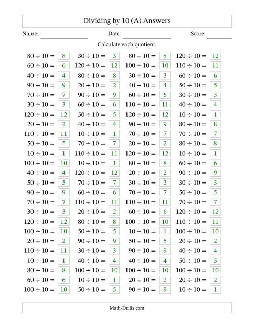 The Horizontally Arranged Dividing by 10 with Quotients 1 to 12 (100 Questions) (All) Math Worksheet Page 2