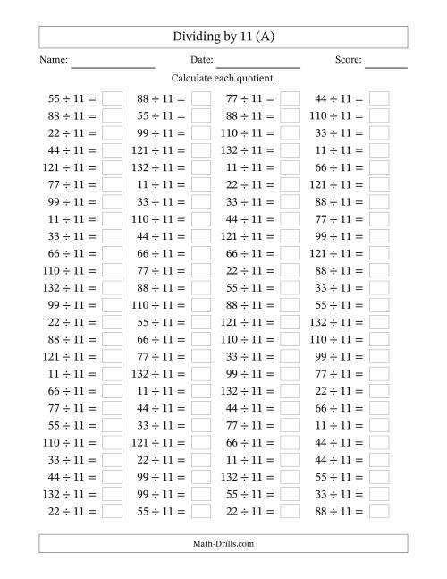 The Horizontally Arranged Dividing by 11 with Quotients 1 to 12 (100 Questions) (A) Math Worksheet