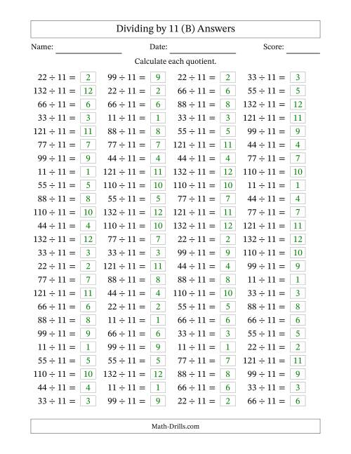 The Horizontally Arranged Dividing by 11 with Quotients 1 to 12 (100 Questions) (B) Math Worksheet Page 2