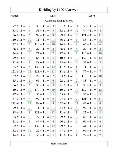 The Horizontally Arranged Dividing by 11 with Quotients 1 to 12 (100 Questions) (C) Math Worksheet Page 2