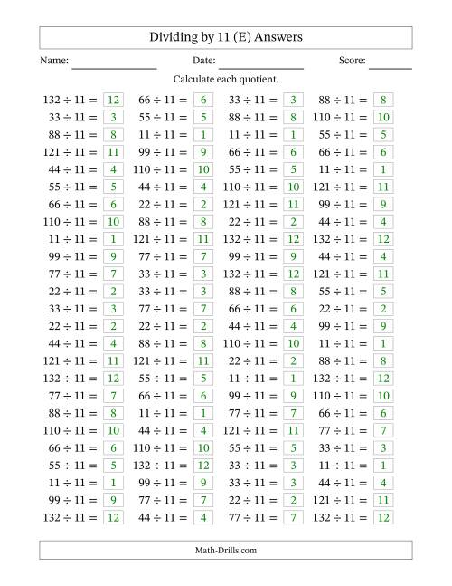 The Horizontally Arranged Dividing by 11 with Quotients 1 to 12 (100 Questions) (E) Math Worksheet Page 2