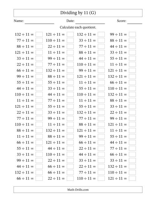 The Horizontally Arranged Dividing by 11 with Quotients 1 to 12 (100 Questions) (G) Math Worksheet