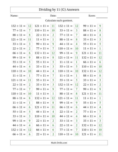 The Horizontally Arranged Dividing by 11 with Quotients 1 to 12 (100 Questions) (G) Math Worksheet Page 2