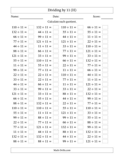 The Horizontally Arranged Dividing by 11 with Quotients 1 to 12 (100 Questions) (H) Math Worksheet