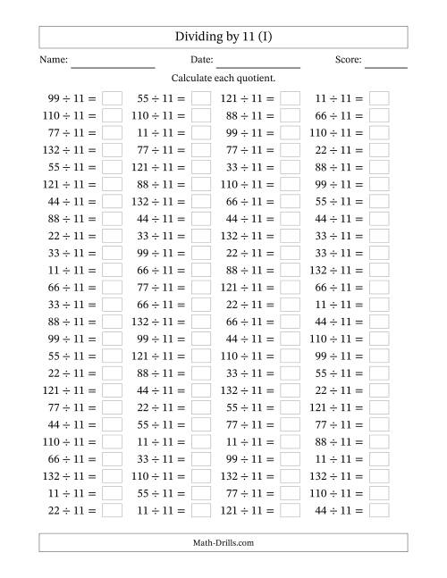 The Horizontally Arranged Dividing by 11 with Quotients 1 to 12 (100 Questions) (I) Math Worksheet