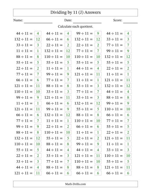 The Horizontally Arranged Dividing by 11 with Quotients 1 to 12 (100 Questions) (J) Math Worksheet Page 2