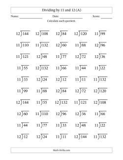 Division Facts by a Fixed Divisor (11 and 12) and Quotients from 1 to 12 with Long Division Symbol/Bracket (50 questions)