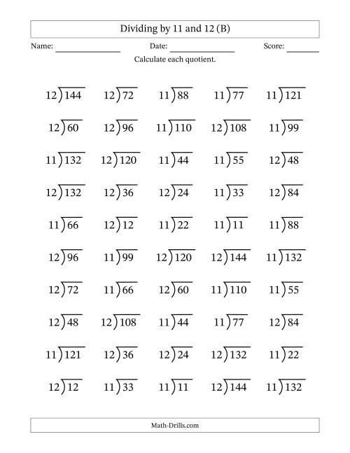 The Division Facts by a Fixed Divisor (11 and 12) and Quotients from 1 to 12 with Long Division Symbol/Bracket (50 questions) (B) Math Worksheet