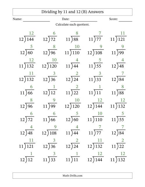 The Division Facts by a Fixed Divisor (11 and 12) and Quotients from 1 to 12 with Long Division Symbol/Bracket (50 questions) (B) Math Worksheet Page 2