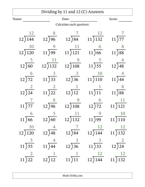 The Division Facts by a Fixed Divisor (11 and 12) and Quotients from 1 to 12 with Long Division Symbol/Bracket (50 questions) (C) Math Worksheet Page 2