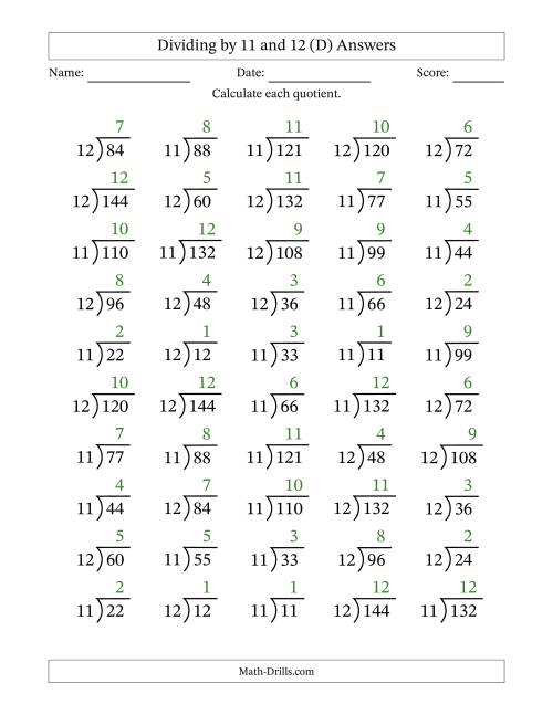 The Division Facts by a Fixed Divisor (11 and 12) and Quotients from 1 to 12 with Long Division Symbol/Bracket (50 questions) (D) Math Worksheet Page 2