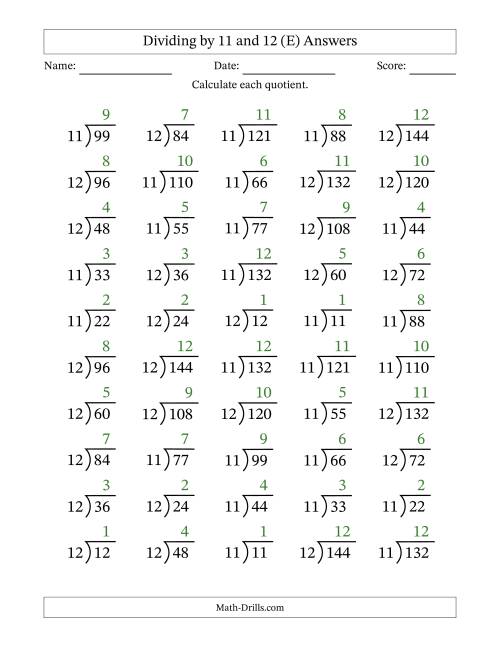 The Division Facts by a Fixed Divisor (11 and 12) and Quotients from 1 to 12 with Long Division Symbol/Bracket (50 questions) (E) Math Worksheet Page 2