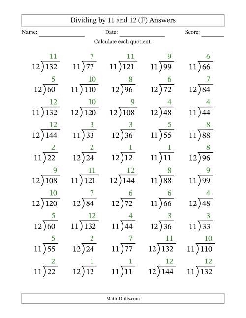 The Division Facts by a Fixed Divisor (11 and 12) and Quotients from 1 to 12 with Long Division Symbol/Bracket (50 questions) (F) Math Worksheet Page 2