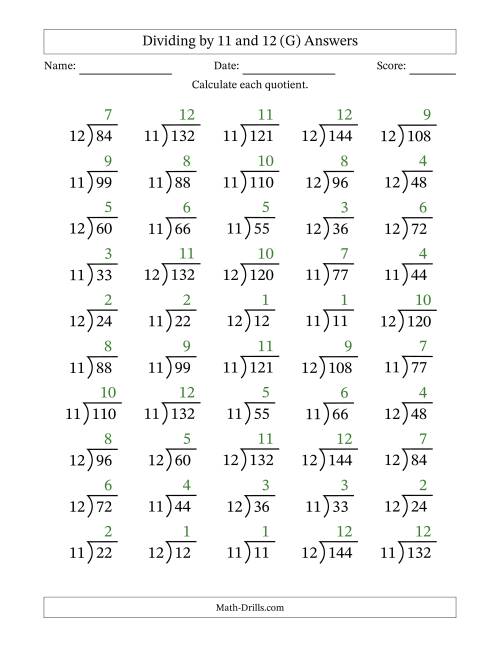 The Division Facts by a Fixed Divisor (11 and 12) and Quotients from 1 to 12 with Long Division Symbol/Bracket (50 questions) (G) Math Worksheet Page 2