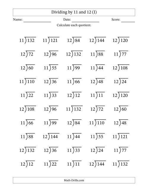 The Division Facts by a Fixed Divisor (11 and 12) and Quotients from 1 to 12 with Long Division Symbol/Bracket (50 questions) (I) Math Worksheet
