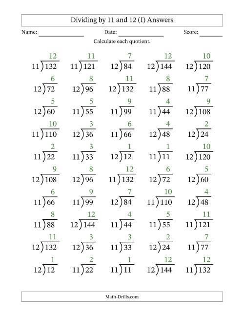 The Division Facts by a Fixed Divisor (11 and 12) and Quotients from 1 to 12 with Long Division Symbol/Bracket (50 questions) (I) Math Worksheet Page 2