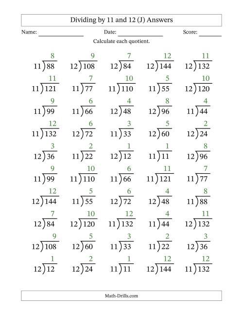 The Division Facts by a Fixed Divisor (11 and 12) and Quotients from 1 to 12 with Long Division Symbol/Bracket (50 questions) (J) Math Worksheet Page 2
