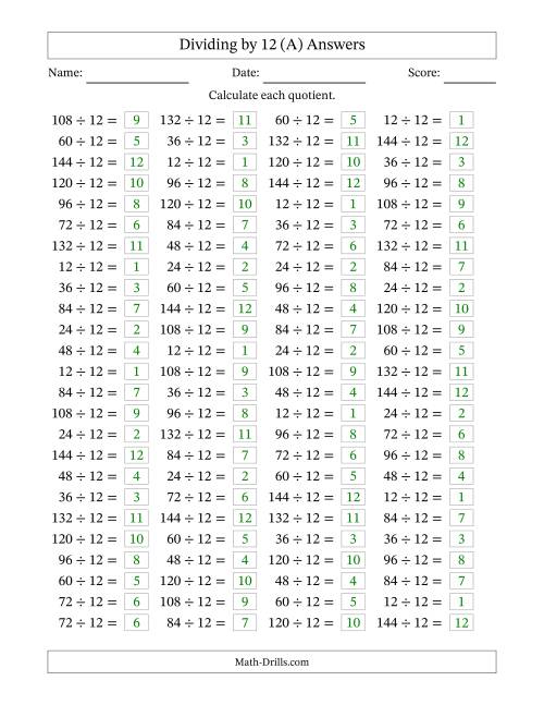 The Horizontally Arranged Dividing by 12 with Quotients 1 to 12 (100 Questions) (A) Math Worksheet Page 2