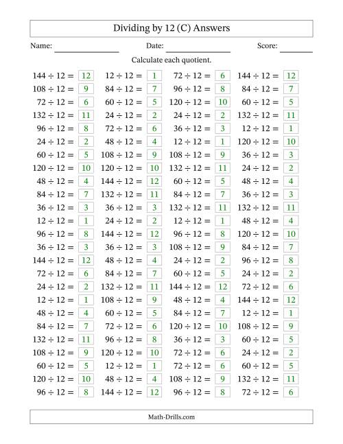 The Horizontally Arranged Dividing by 12 with Quotients 1 to 12 (100 Questions) (C) Math Worksheet Page 2
