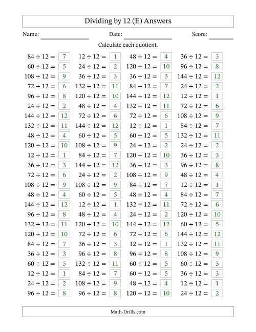 The Horizontally Arranged Dividing by 12 with Quotients 1 to 12 (100 Questions) (E) Math Worksheet Page 2