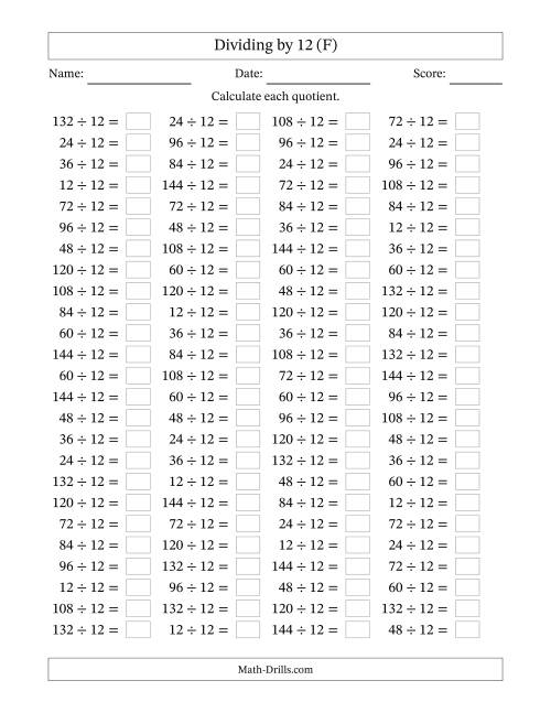 The Horizontally Arranged Dividing by 12 with Quotients 1 to 12 (100 Questions) (F) Math Worksheet