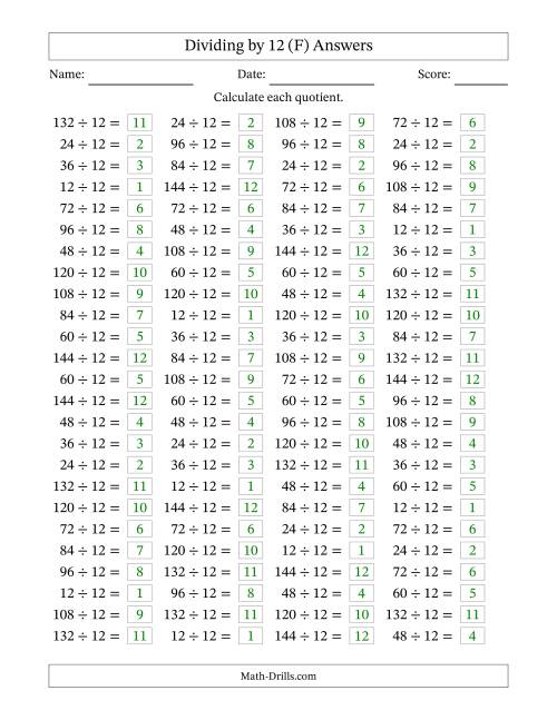 The Horizontally Arranged Dividing by 12 with Quotients 1 to 12 (100 Questions) (F) Math Worksheet Page 2