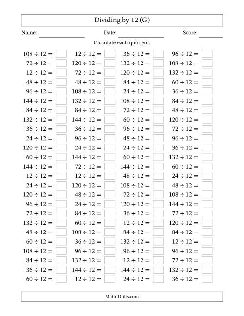 The Horizontally Arranged Dividing by 12 with Quotients 1 to 12 (100 Questions) (G) Math Worksheet