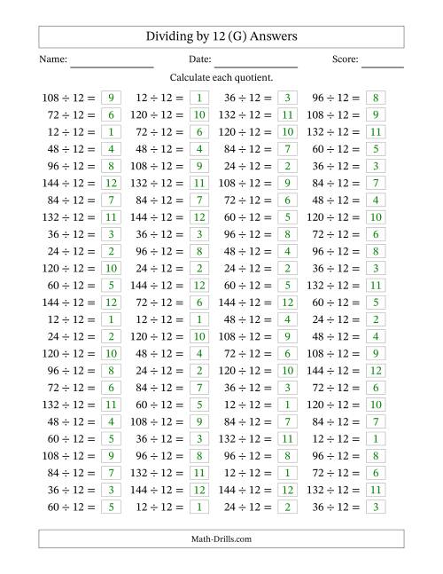 The Horizontally Arranged Dividing by 12 with Quotients 1 to 12 (100 Questions) (G) Math Worksheet Page 2