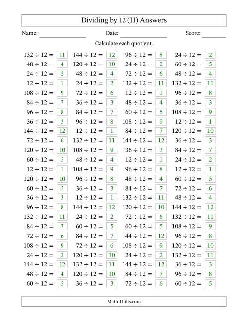 The Horizontally Arranged Dividing by 12 with Quotients 1 to 12 (100 Questions) (H) Math Worksheet Page 2