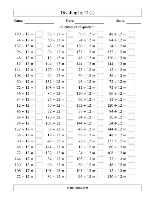 The Horizontally Arranged Dividing by 12 with Quotients 1 to 12 (100 Questions) (J) Math Worksheet