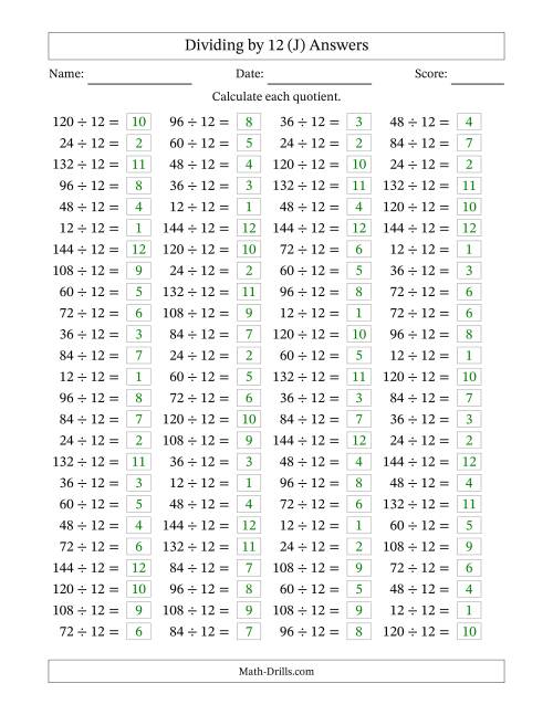 The Horizontally Arranged Dividing by 12 with Quotients 1 to 12 (100 Questions) (J) Math Worksheet Page 2