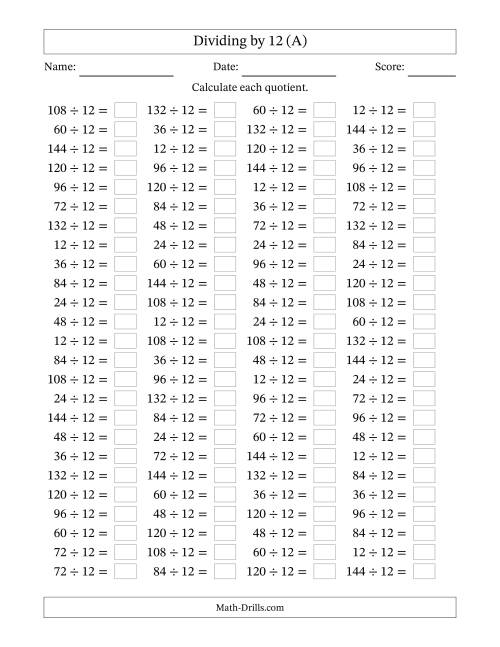The Horizontally Arranged Dividing by 12 with Quotients 1 to 12 (100 Questions) (All) Math Worksheet