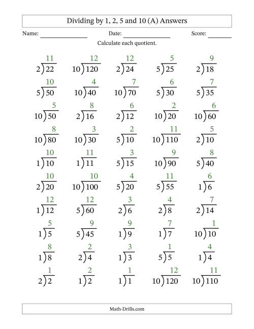 The Dividing by 1, 2, 5 and 10 (Quotients 1 to 12) (A) Math Worksheet Page 2