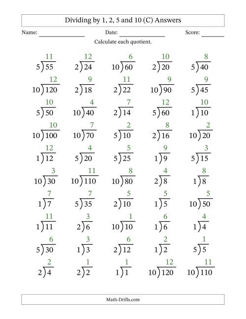 The Division Facts by a Fixed Divisor (1, 2, 5 and 10) and Quotients from 1 to 12 with Long Division Symbol/Bracket (50 questions) (C) Math Worksheet Page 2