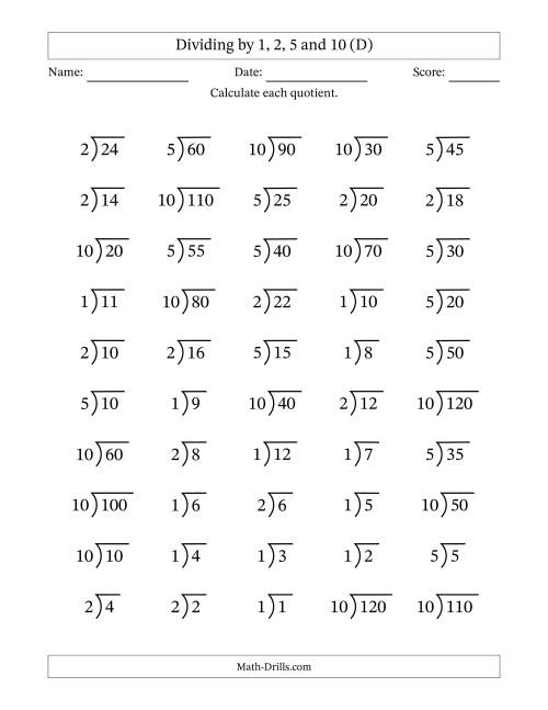 The Division Facts by a Fixed Divisor (1, 2, 5 and 10) and Quotients from 1 to 12 with Long Division Symbol/Bracket (50 questions) (D) Math Worksheet