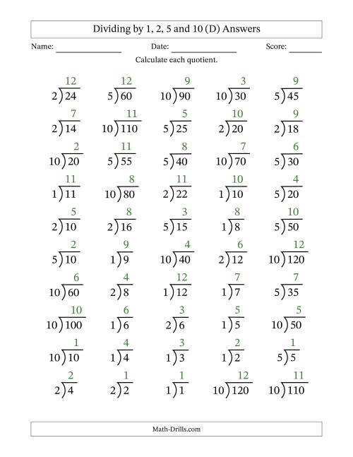 The Division Facts by a Fixed Divisor (1, 2, 5 and 10) and Quotients from 1 to 12 with Long Division Symbol/Bracket (50 questions) (D) Math Worksheet Page 2