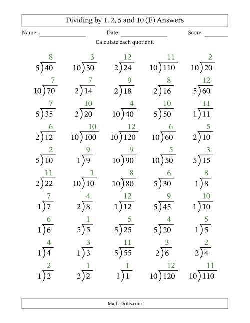 The Division Facts by a Fixed Divisor (1, 2, 5 and 10) and Quotients from 1 to 12 with Long Division Symbol/Bracket (50 questions) (E) Math Worksheet Page 2