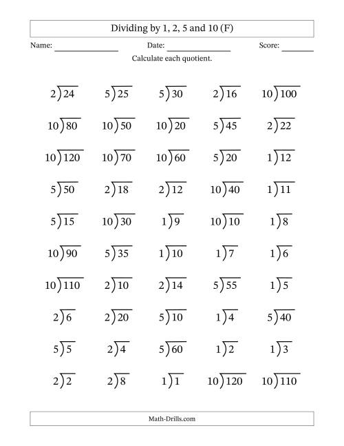 The Division Facts by a Fixed Divisor (1, 2, 5 and 10) and Quotients from 1 to 12 with Long Division Symbol/Bracket (50 questions) (F) Math Worksheet