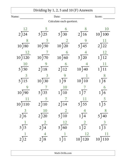 The Division Facts by a Fixed Divisor (1, 2, 5 and 10) and Quotients from 1 to 12 with Long Division Symbol/Bracket (50 questions) (F) Math Worksheet Page 2