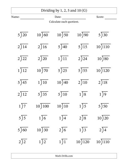The Division Facts by a Fixed Divisor (1, 2, 5 and 10) and Quotients from 1 to 12 with Long Division Symbol/Bracket (50 questions) (G) Math Worksheet