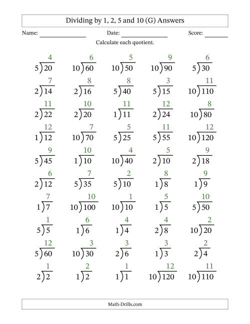 The Division Facts by a Fixed Divisor (1, 2, 5 and 10) and Quotients from 1 to 12 with Long Division Symbol/Bracket (50 questions) (G) Math Worksheet Page 2