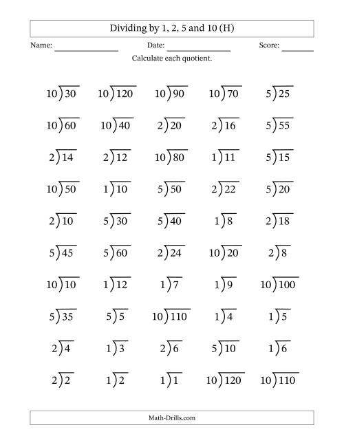The Division Facts by a Fixed Divisor (1, 2, 5 and 10) and Quotients from 1 to 12 with Long Division Symbol/Bracket (50 questions) (H) Math Worksheet
